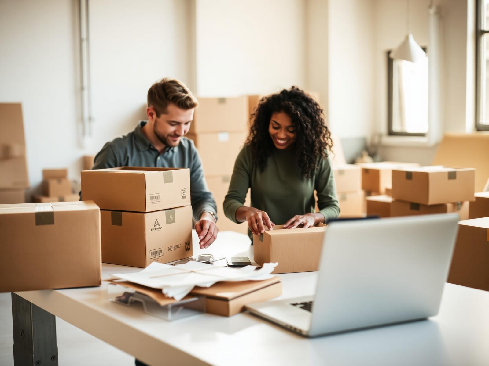 Ecommerce team packing customer orders in a bright fulfillment studio