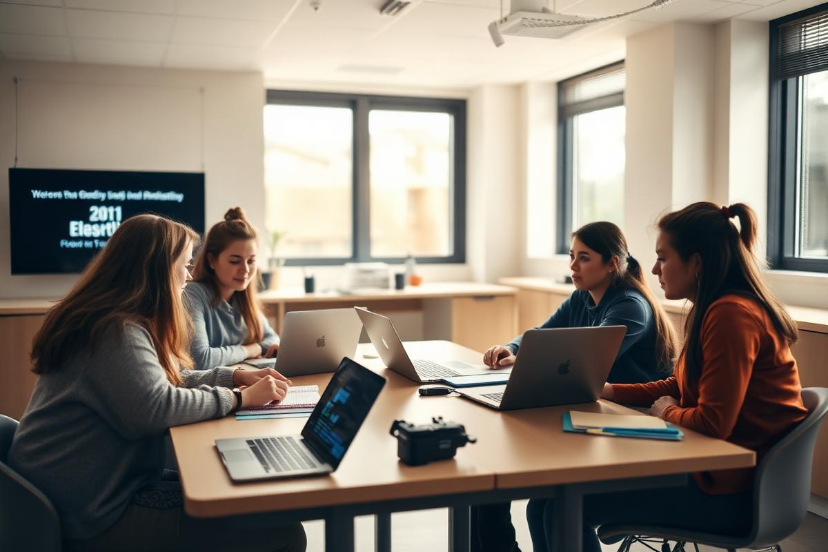 Instructor and students collaborating around a table in a bright classroom