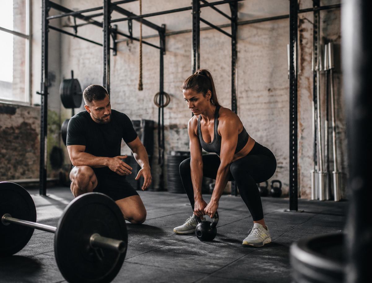 Coach guiding a small group class in a boutique fitness studio
