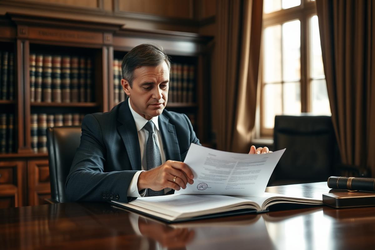 Attorney reviewing a contract at a desk in a law office